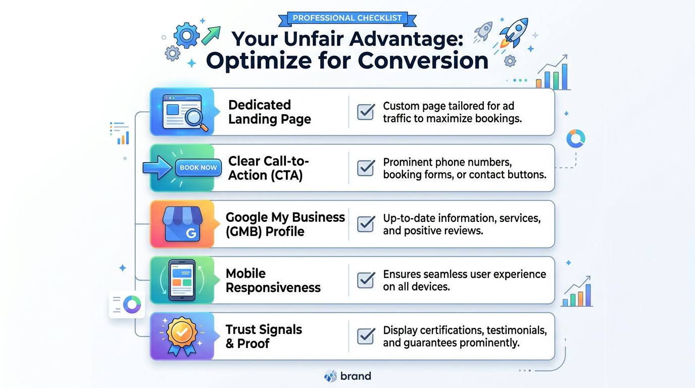 A professional checklist outlining five key strategies to optimize digital marketing campaigns for higher conversion rates.