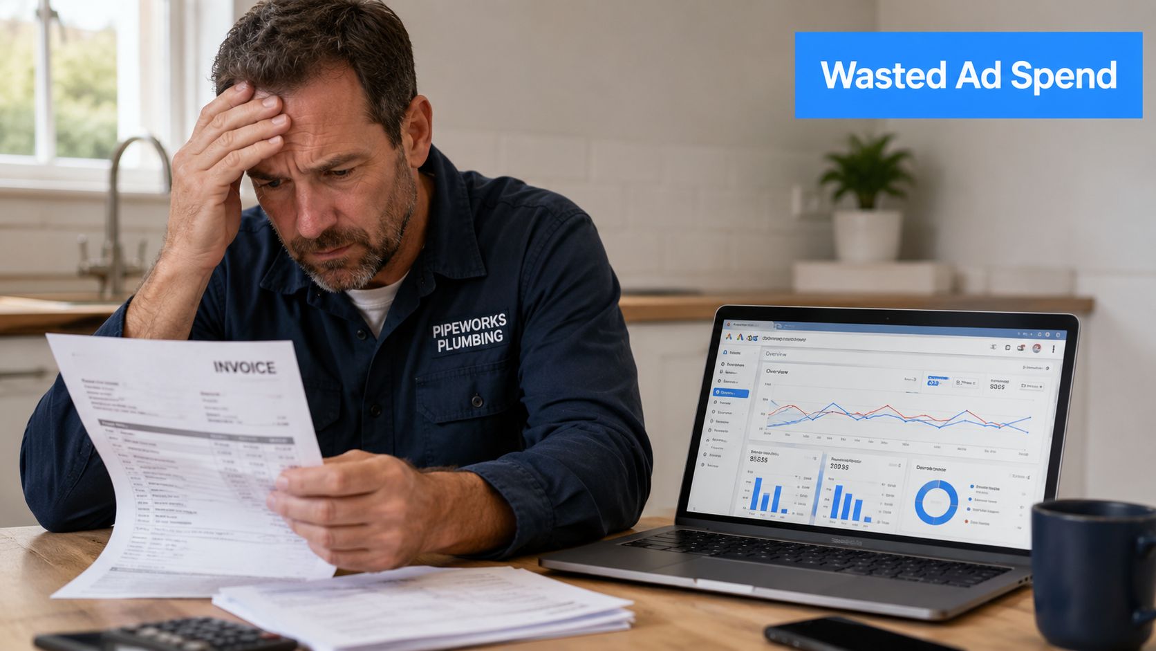 A stressed plumber in his kitchen looking at a large invoice while viewing analytics on a laptop.