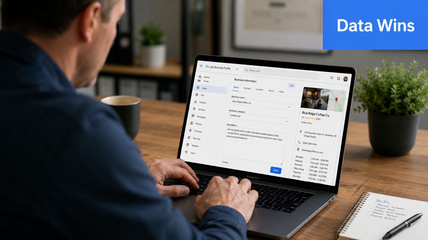 A professional man working on his laptop to manage a Google Business Profile for his coffee shop.