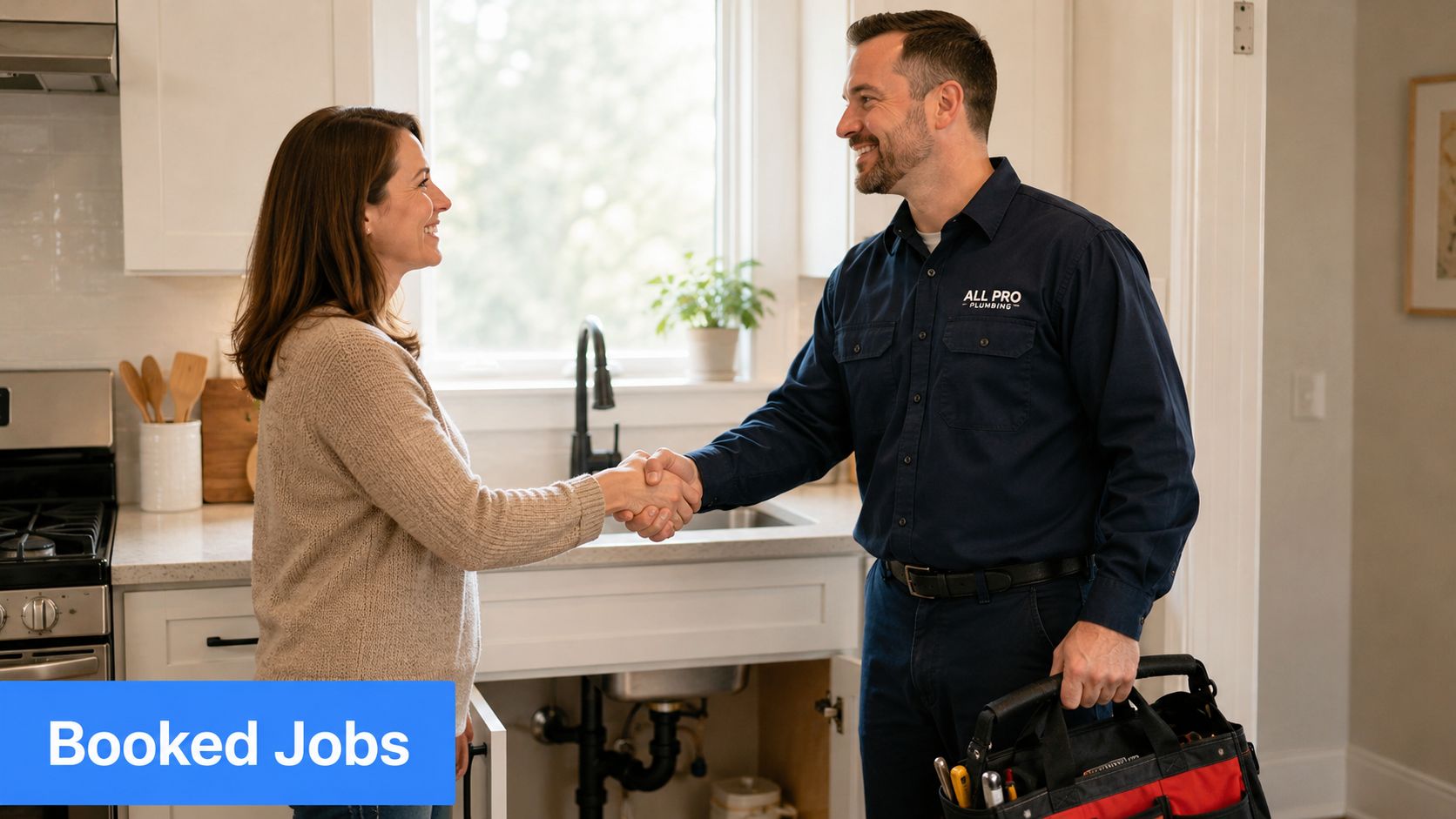A professional plumber in uniform shaking hands with a happy customer in a modern residential kitchen.