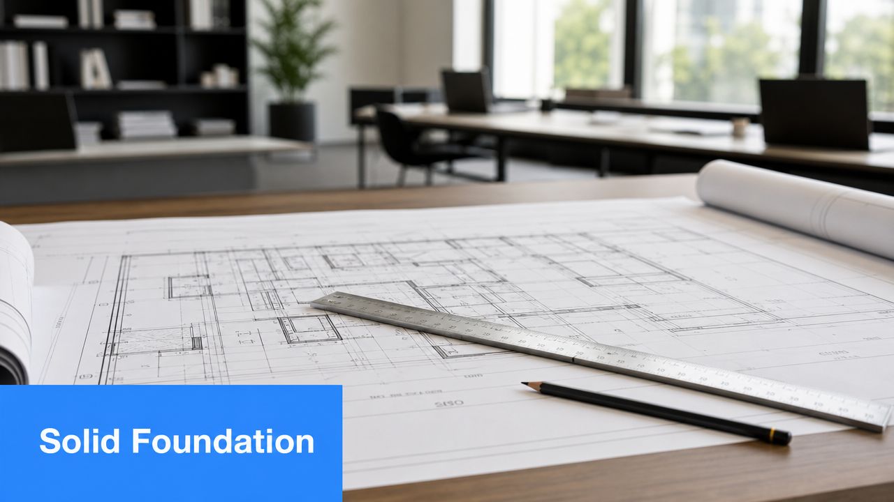 A professional architect's workspace with building blueprints, a ruler, and a pencil on a wooden desk.