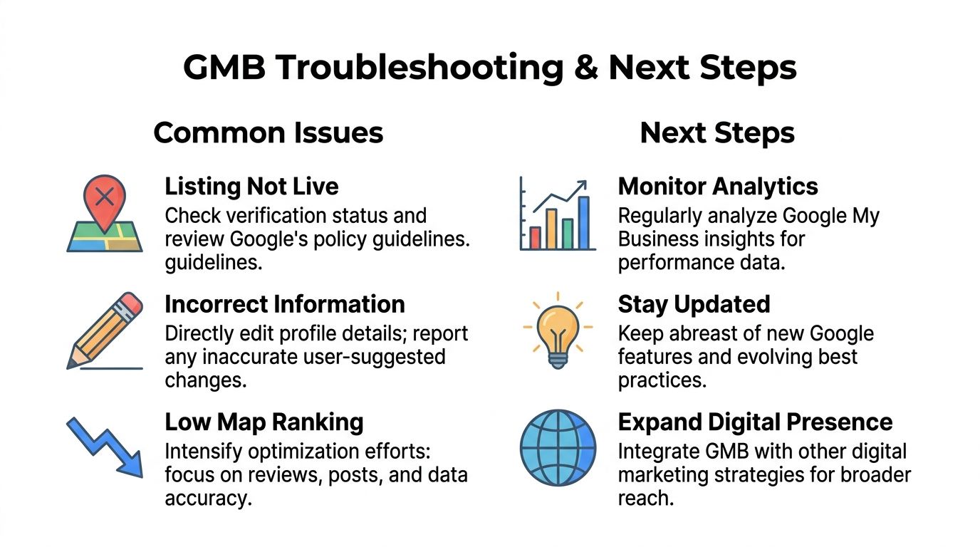 A visual guide titled GMB Troubleshooting and Next Steps, detailing common business listing issues and future strategies.
