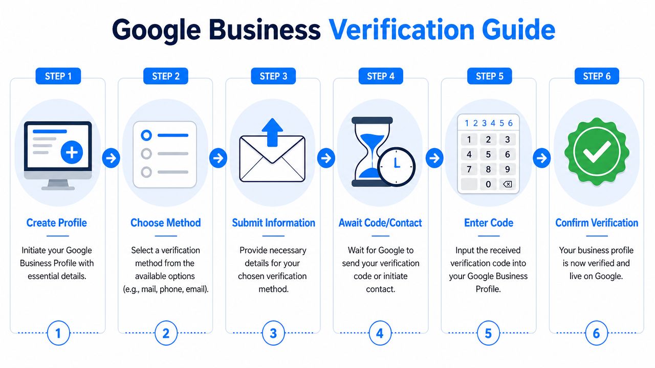 A step-by-step infographic guide explaining how to verify your Google Business Profile listing process.