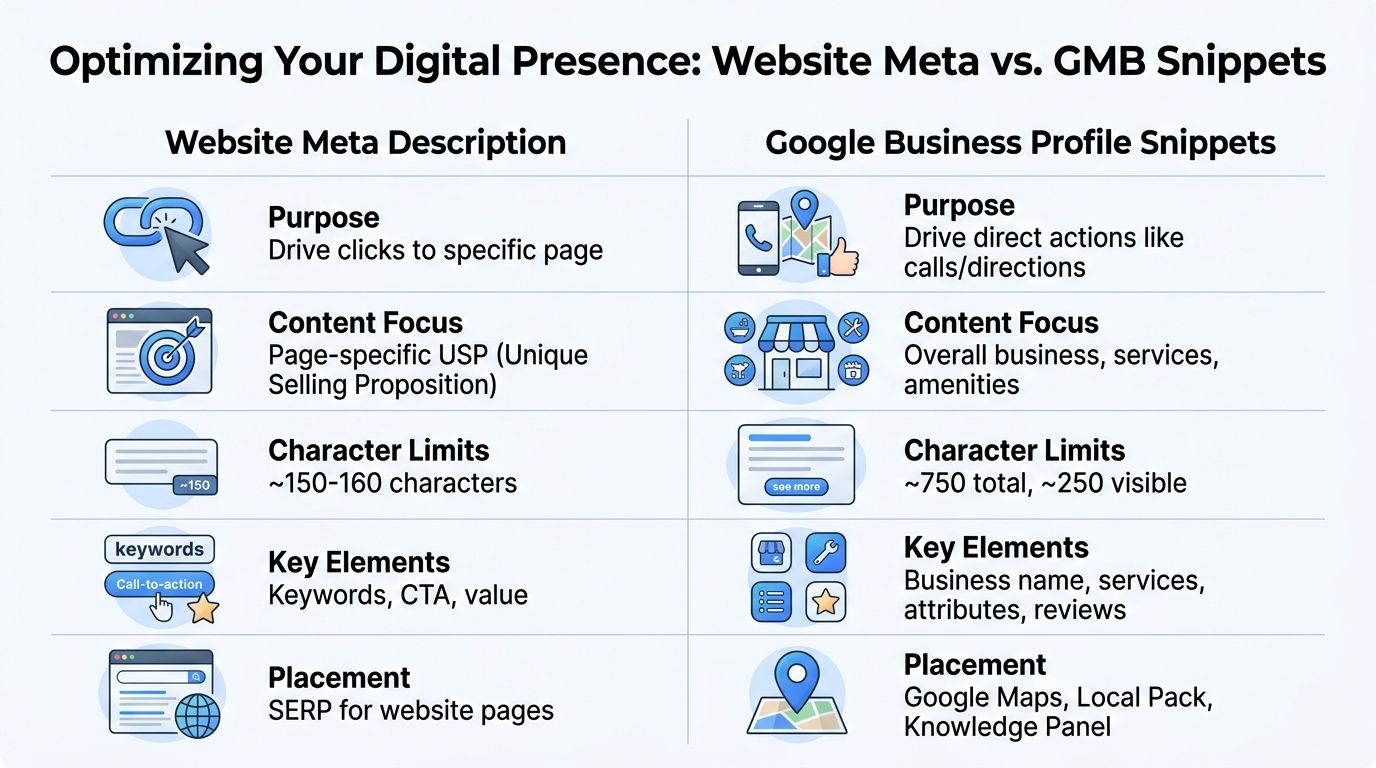 A comparison chart outlining the key differences between website meta descriptions and Google Business Profile snippets for SEO.