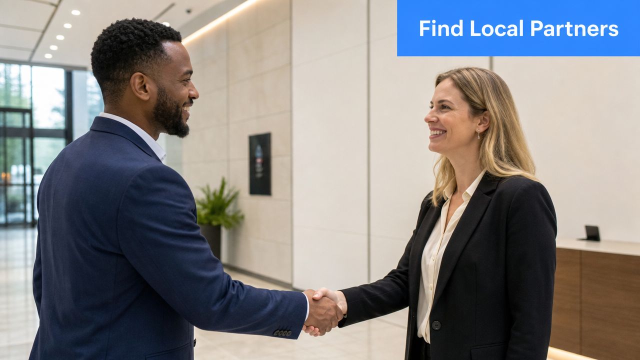 A professional man and woman in business suits shaking hands in a modern, bright office lobby.