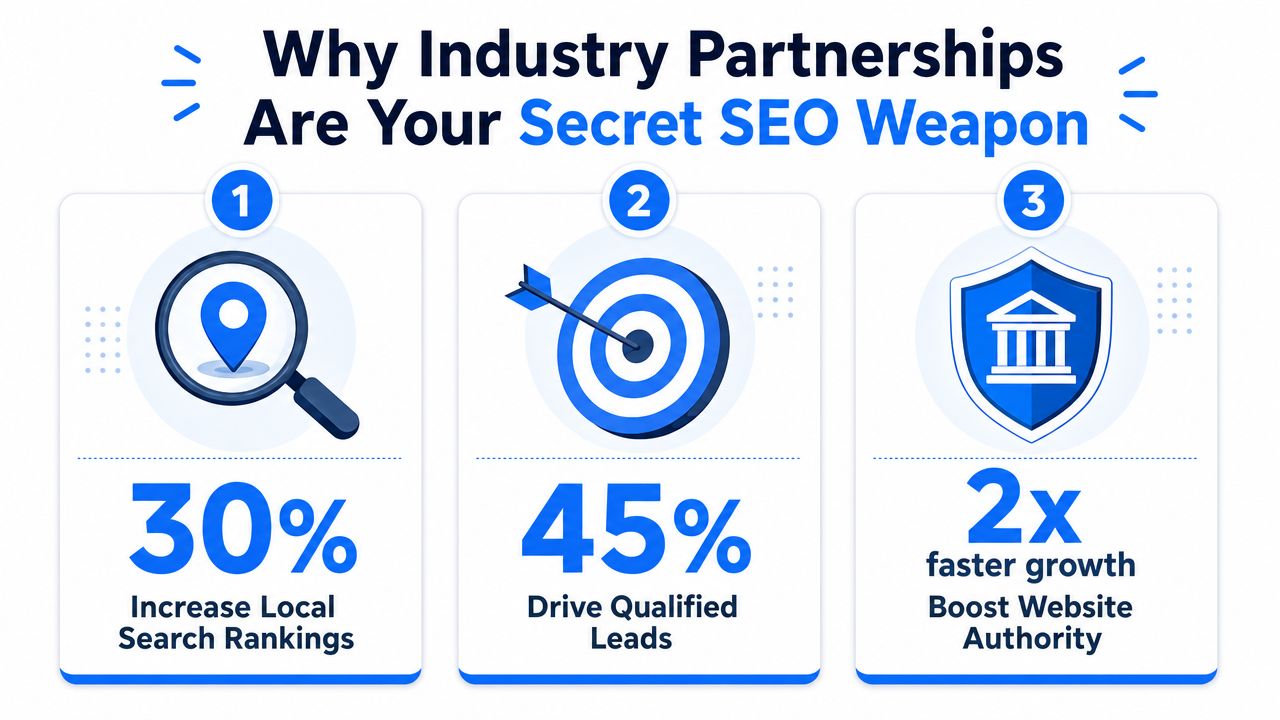 A graphic illustration highlighting three ways industry partnerships benefit SEO, including local rankings and website authority.