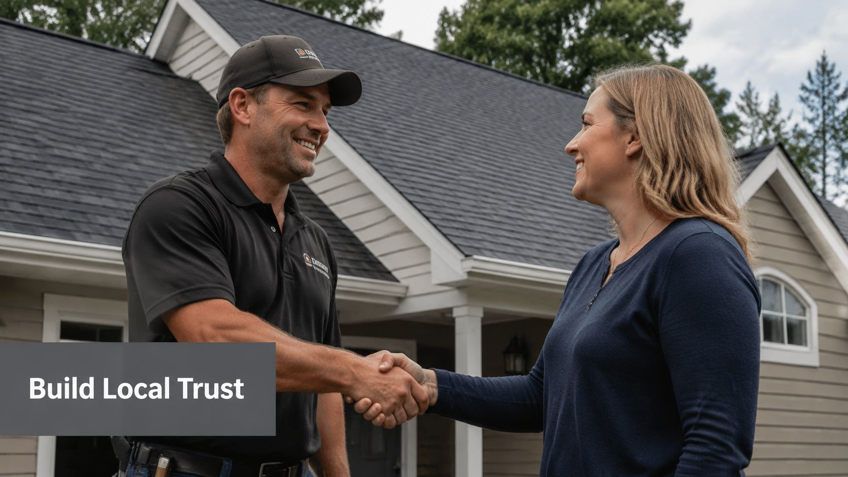 A professional roofing contractor shakes hands with a satisfied homeowner in front of a residential house.