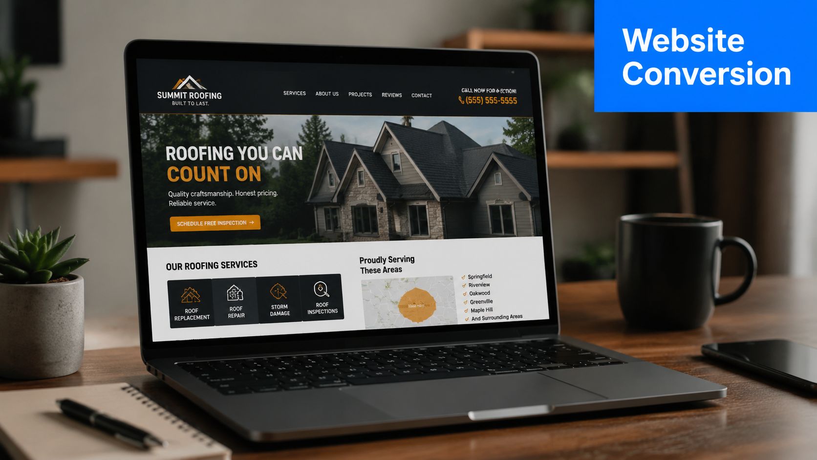 A laptop screen displaying a professional roofing company website on a desk in a home office.