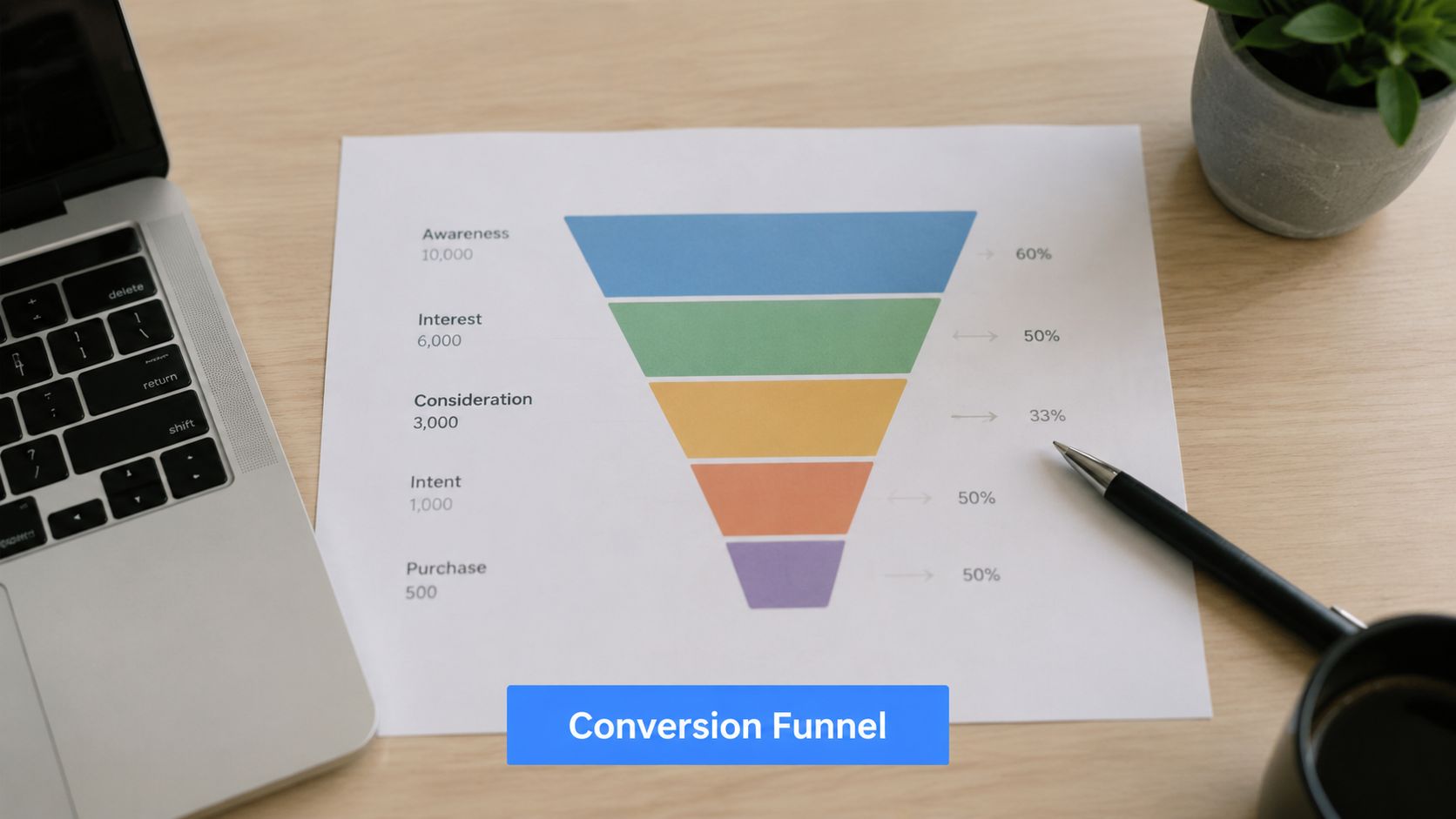 A printed conversion funnel chart showing marketing stages and metrics on a desk next to a laptop.