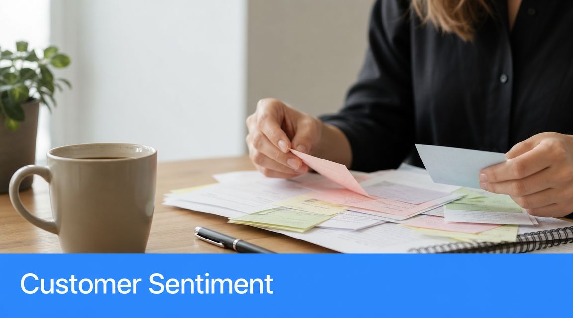 A person analyzing and organizing colorful sticky notes on a desk to understand customer sentiment.