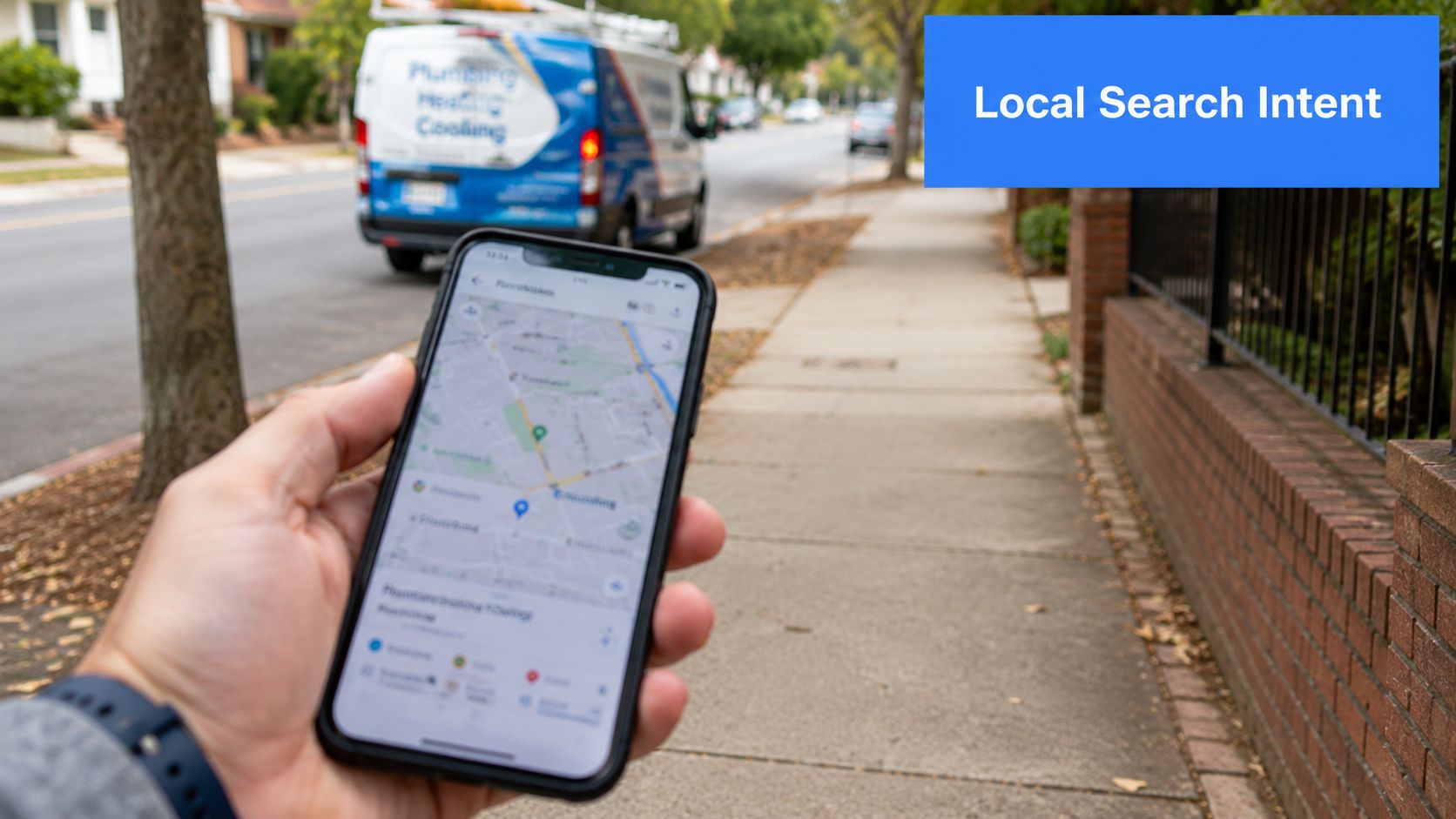 A person holding a smartphone showing a local map search while a service van drives nearby.