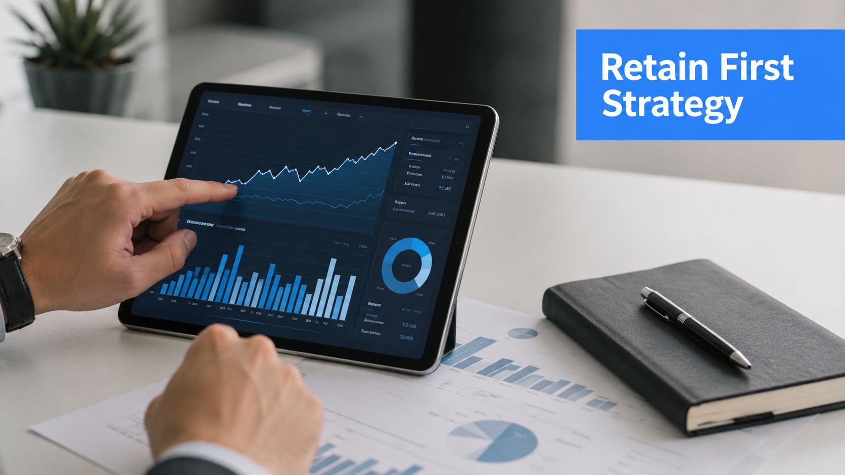 A professional analyzing financial data and growth charts on a tablet screen for a business strategy.