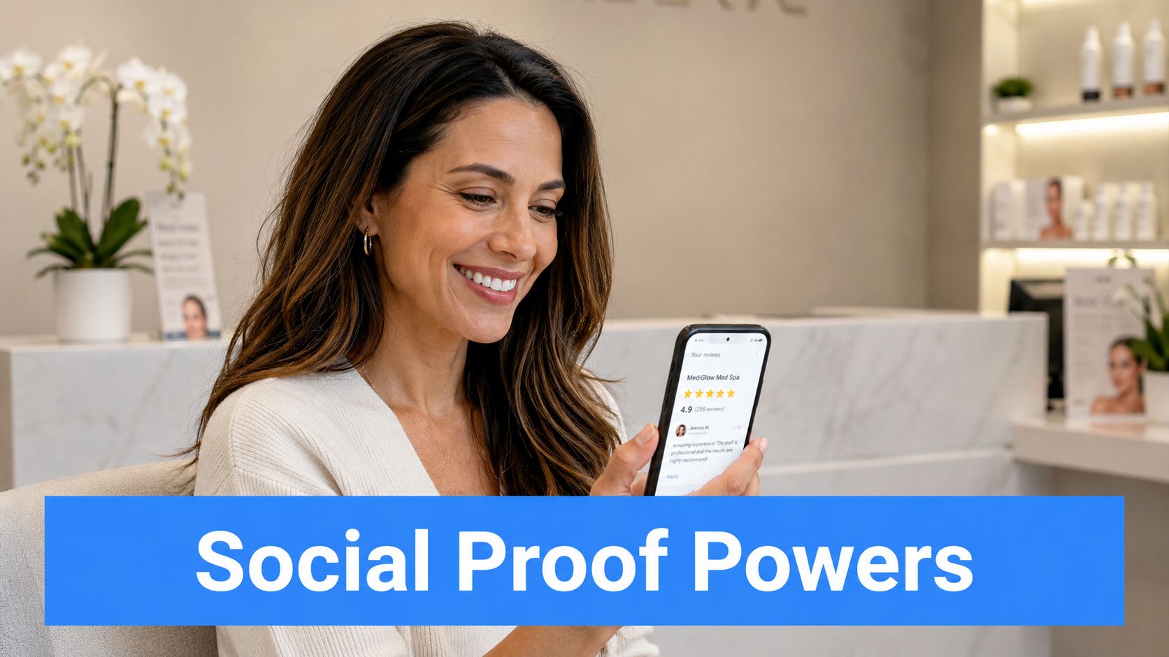 A woman smiling while viewing five-star customer reviews for a med spa on her smartphone screen.