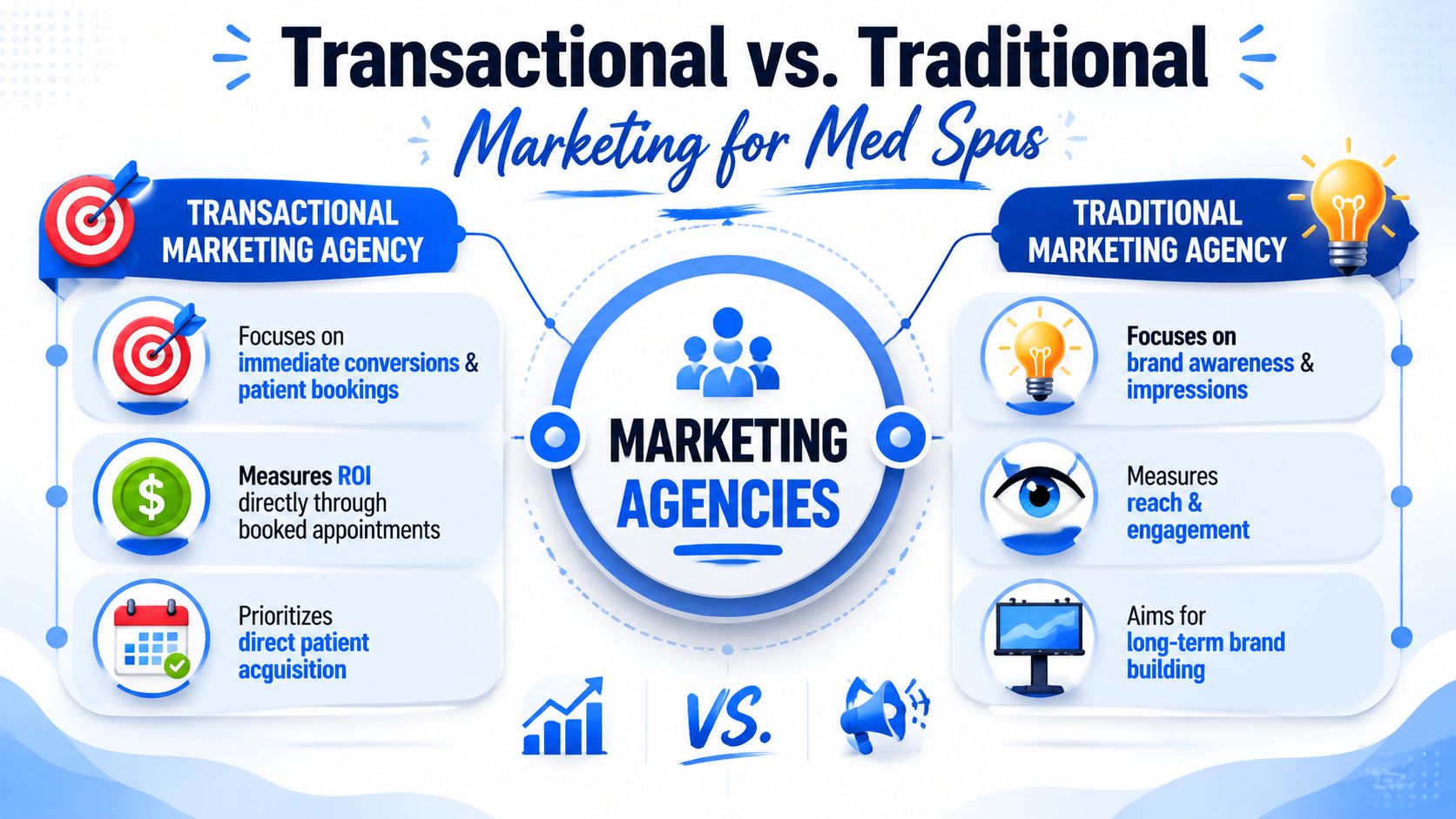 A comparison infographic between transactional and traditional marketing agencies for med spas, showing different goals and metrics.