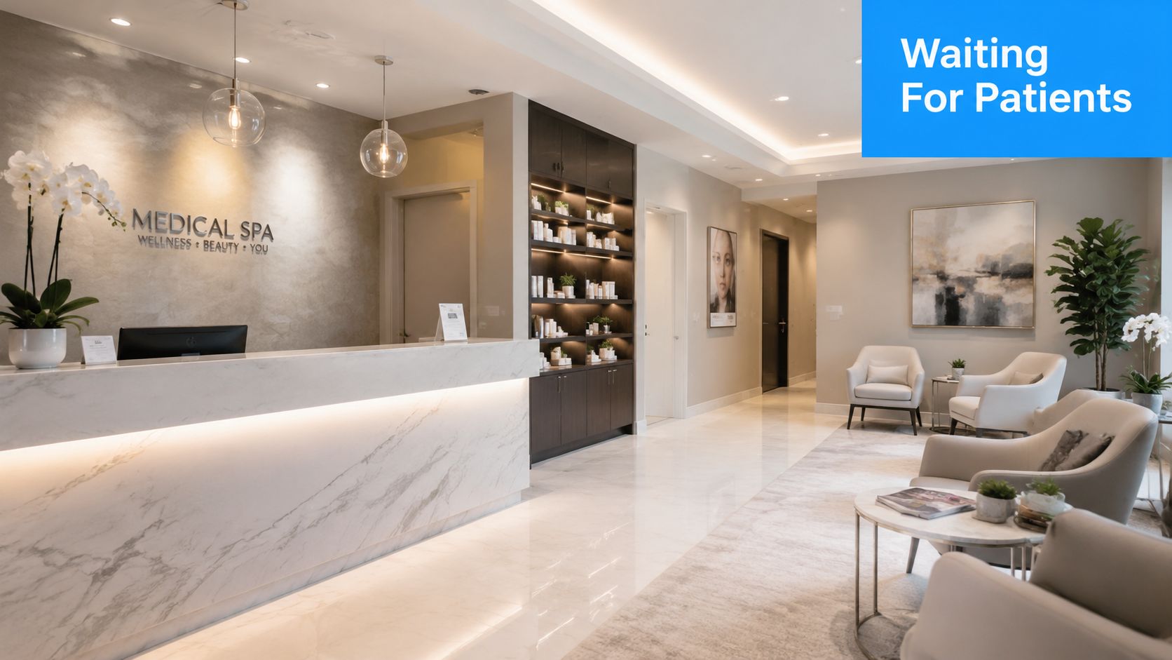 A luxurious and modern medical spa reception area with marble counters, comfortable seating, and elegant lighting.