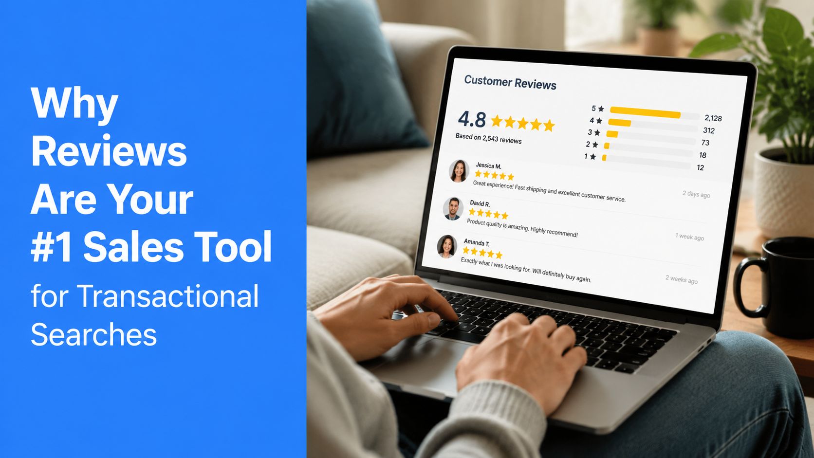 A person working on a laptop showcasing a customer review dashboard with a 4.8 star rating.