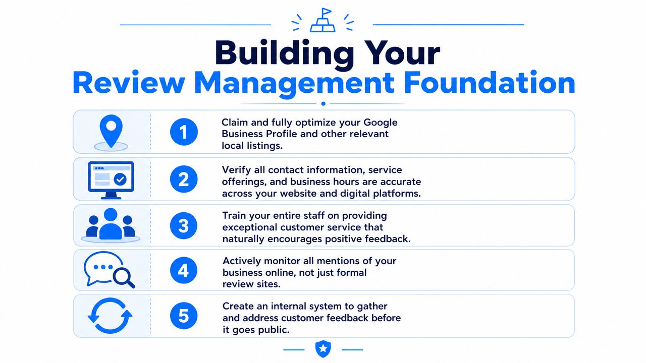 A step-by-step infographic titled Building Your Review Management Foundation showing five essential actions for business reputation.