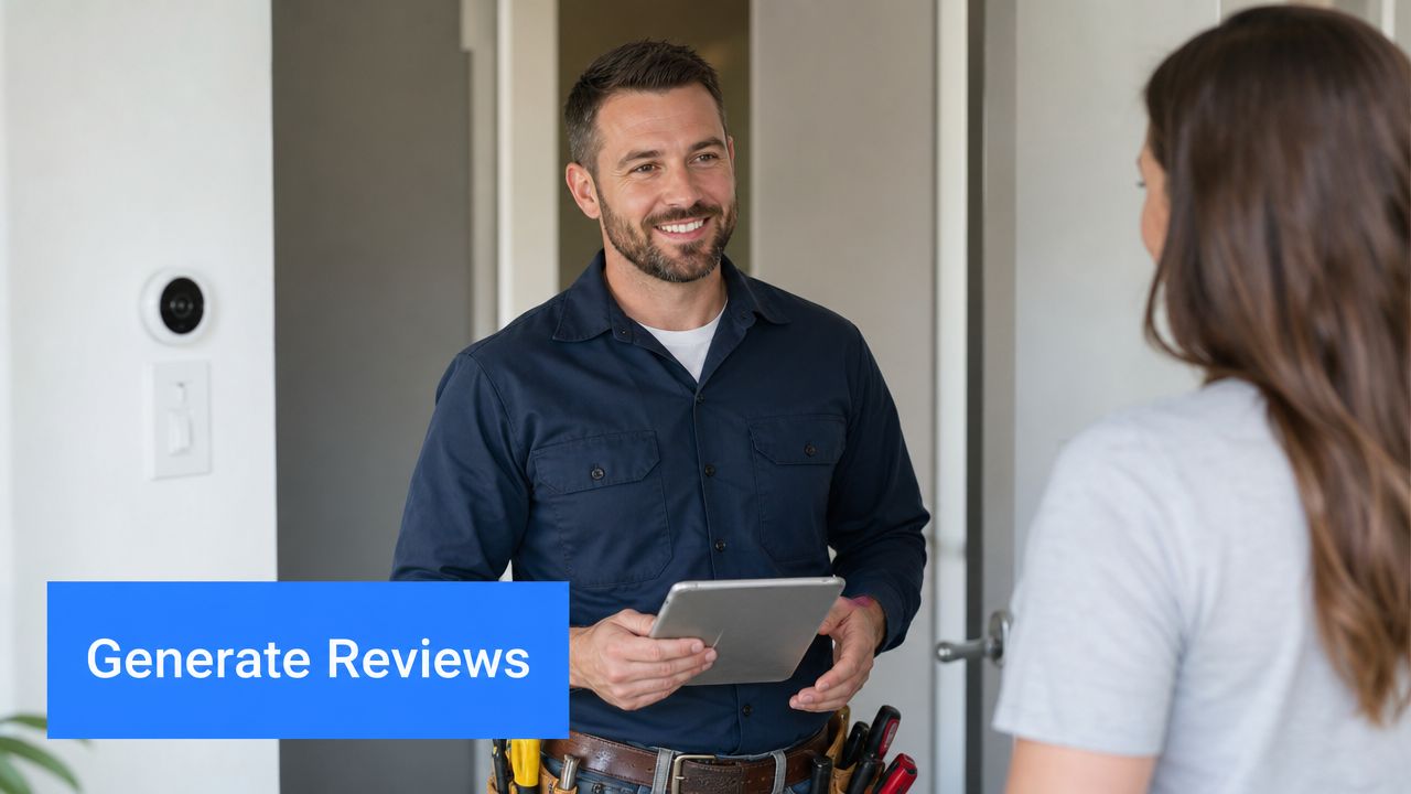 A friendly technician smiling while holding a tablet to help a customer generate service reviews.