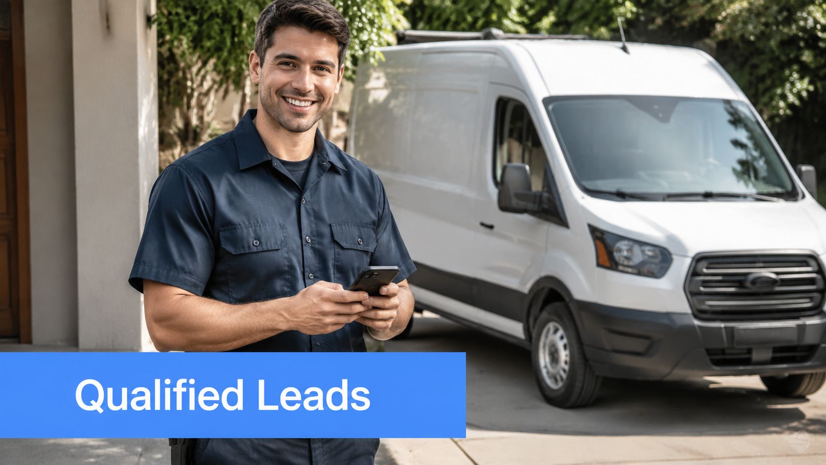 A friendly service technician wearing a dark blue uniform standing in front of a white work van.