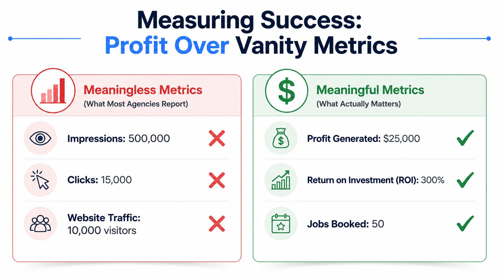 A comparison chart showing how to measure marketing success by focusing on profit instead of vanity metrics.