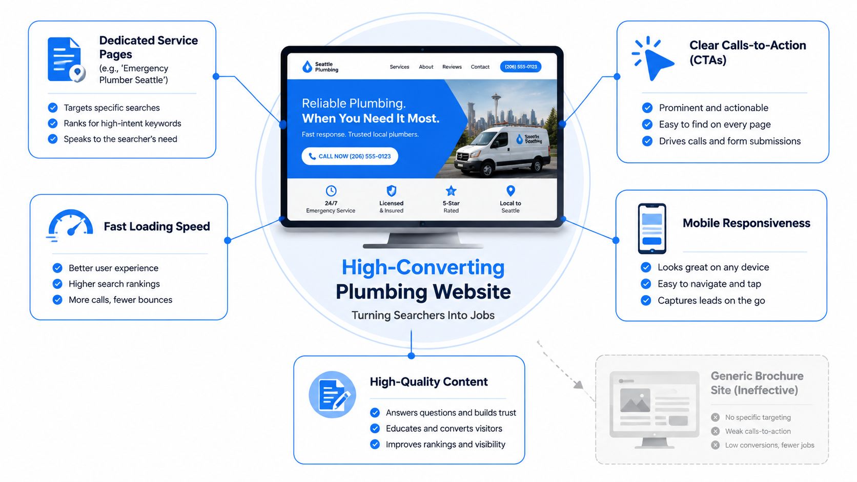 A diagram illustrating essential features of a high-converting plumbing company website for better search engine optimization.