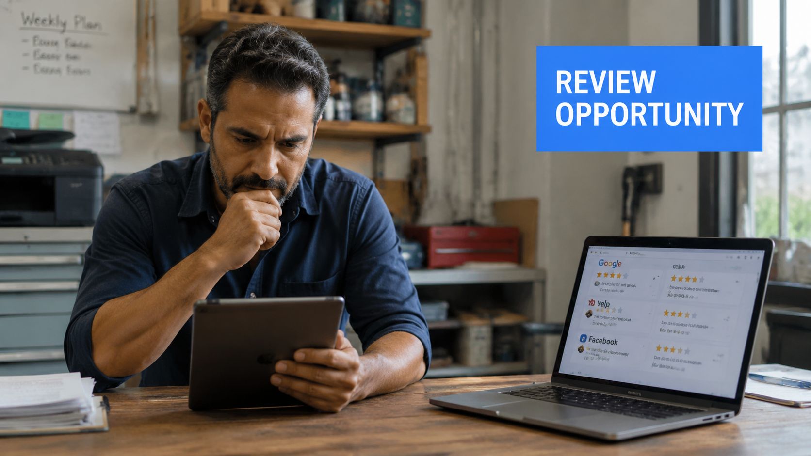 A focused man reviews customer feedback on his tablet while working in his office with a laptop.