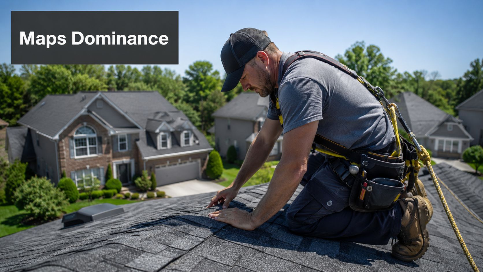 A professional roofer wearing safety gear kneeling on a residential roof during a sunny day.