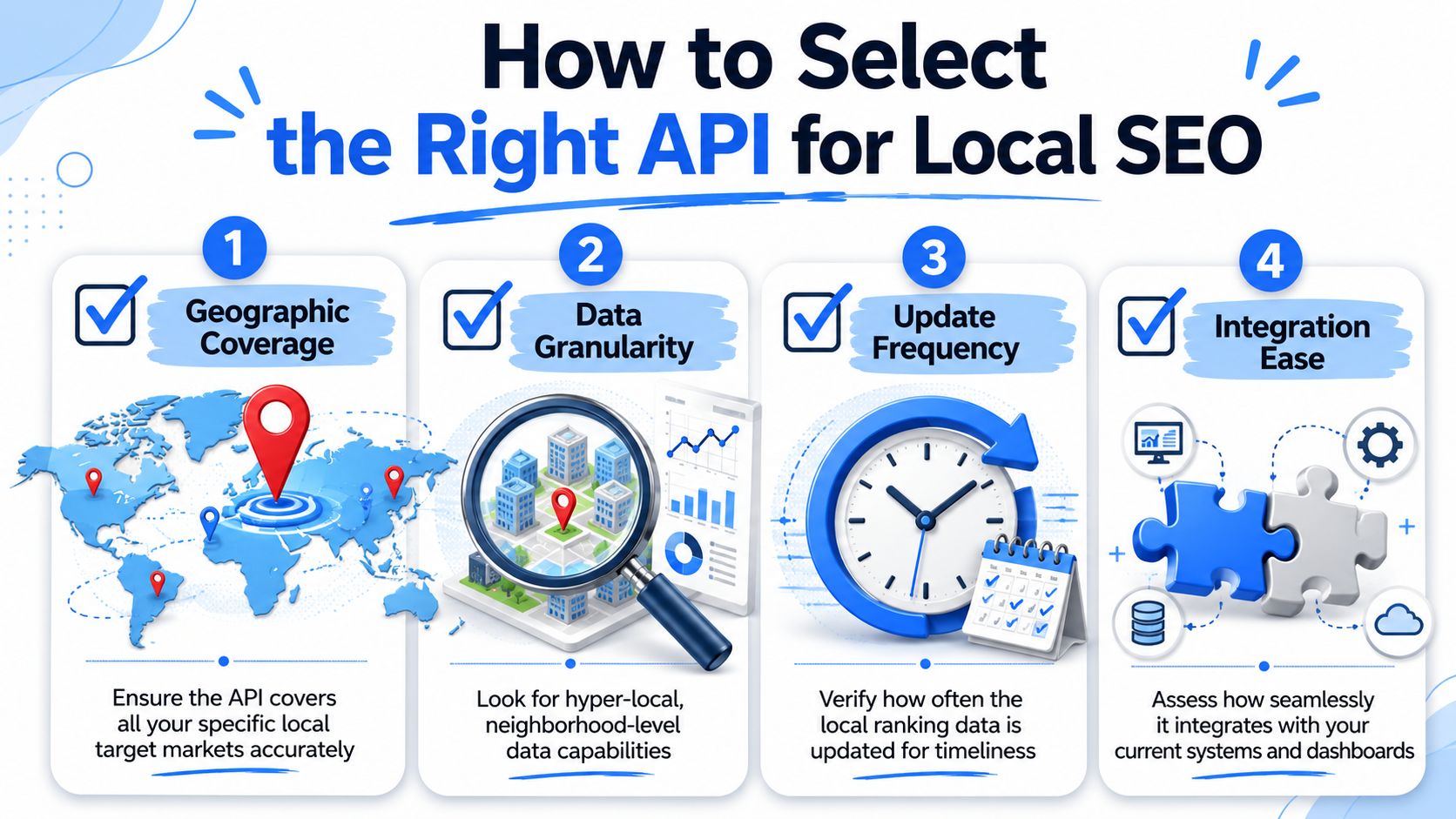 An infographic titled How to Select the Right API for Local SEO, outlining four key selection criteria.