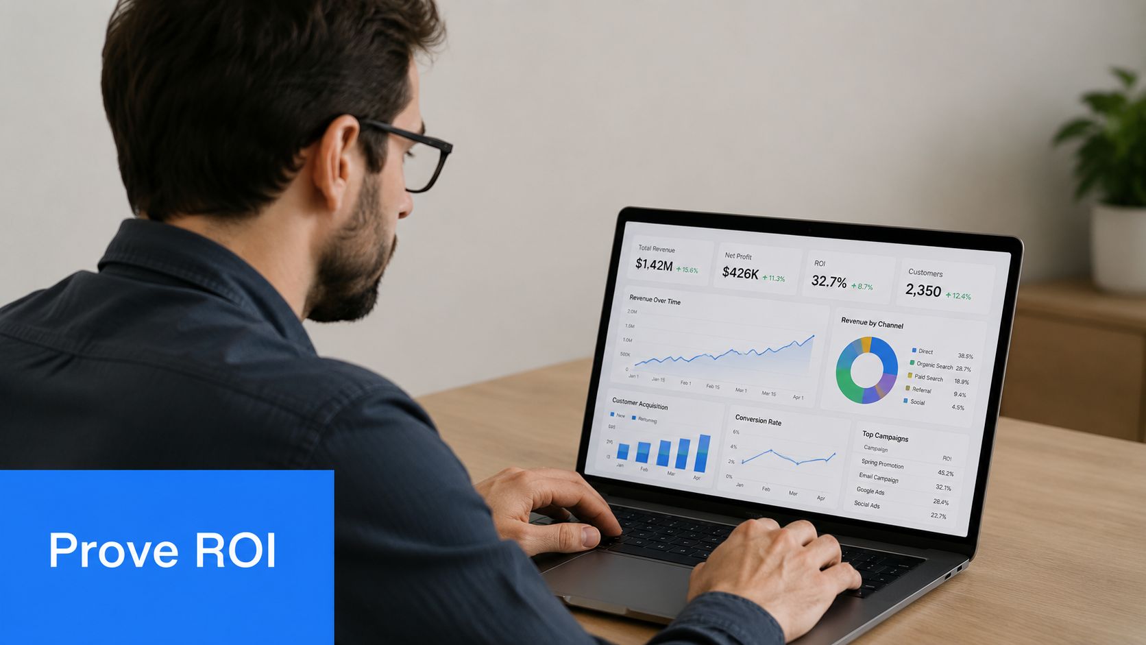 A professional analyzing marketing performance metrics and return on investment data on a laptop screen.