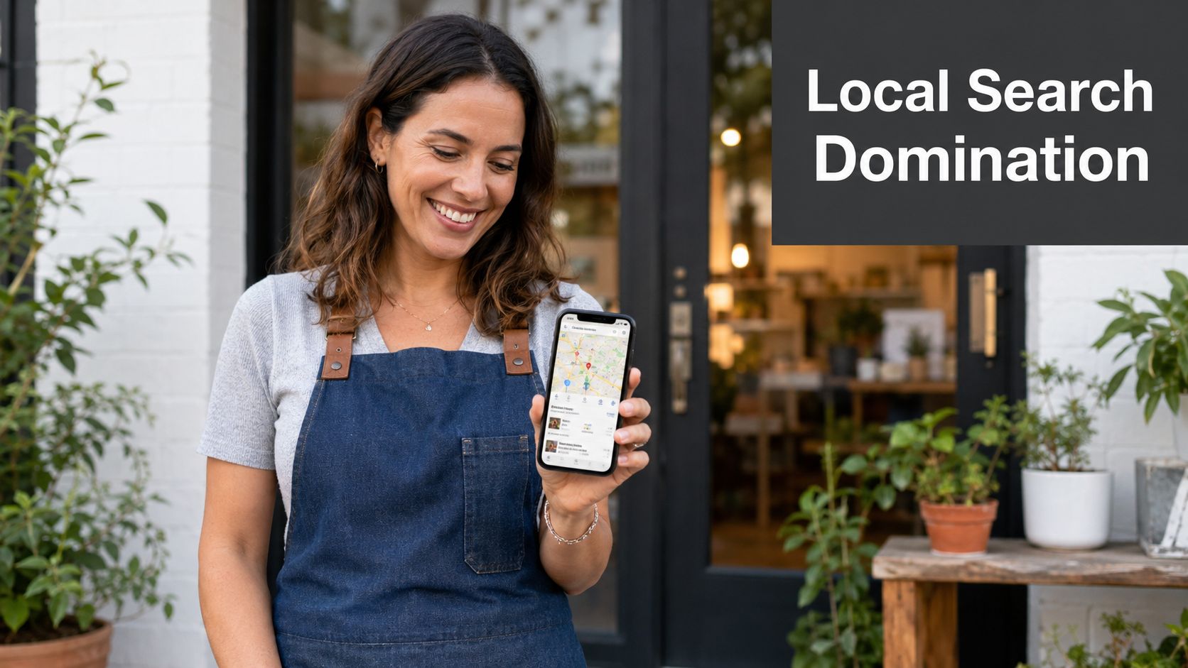 A smiling small business owner holding a smartphone displaying a local search map interface for customers.