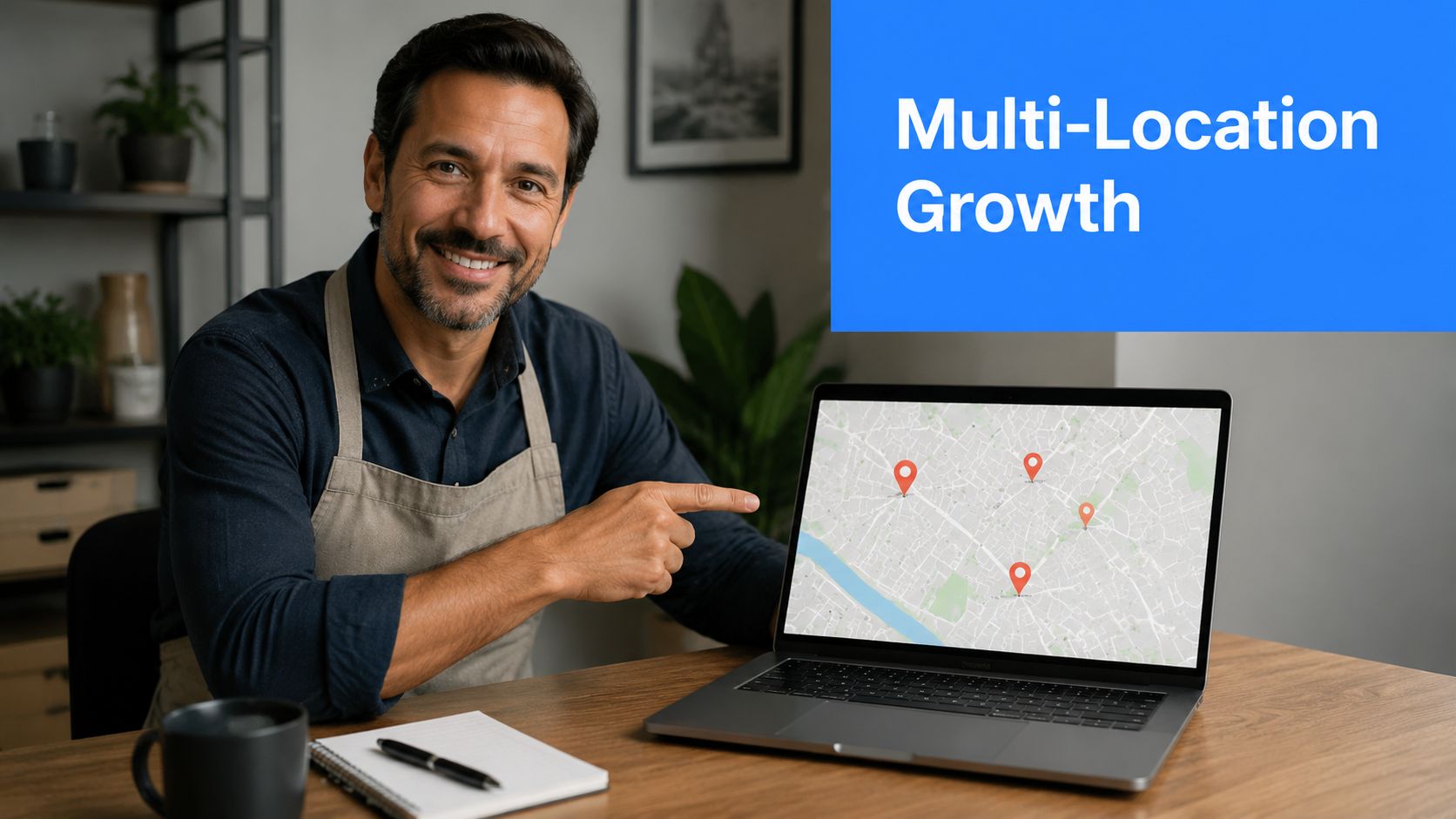 A smiling business owner pointing at a laptop screen displaying a map with four business location pins.