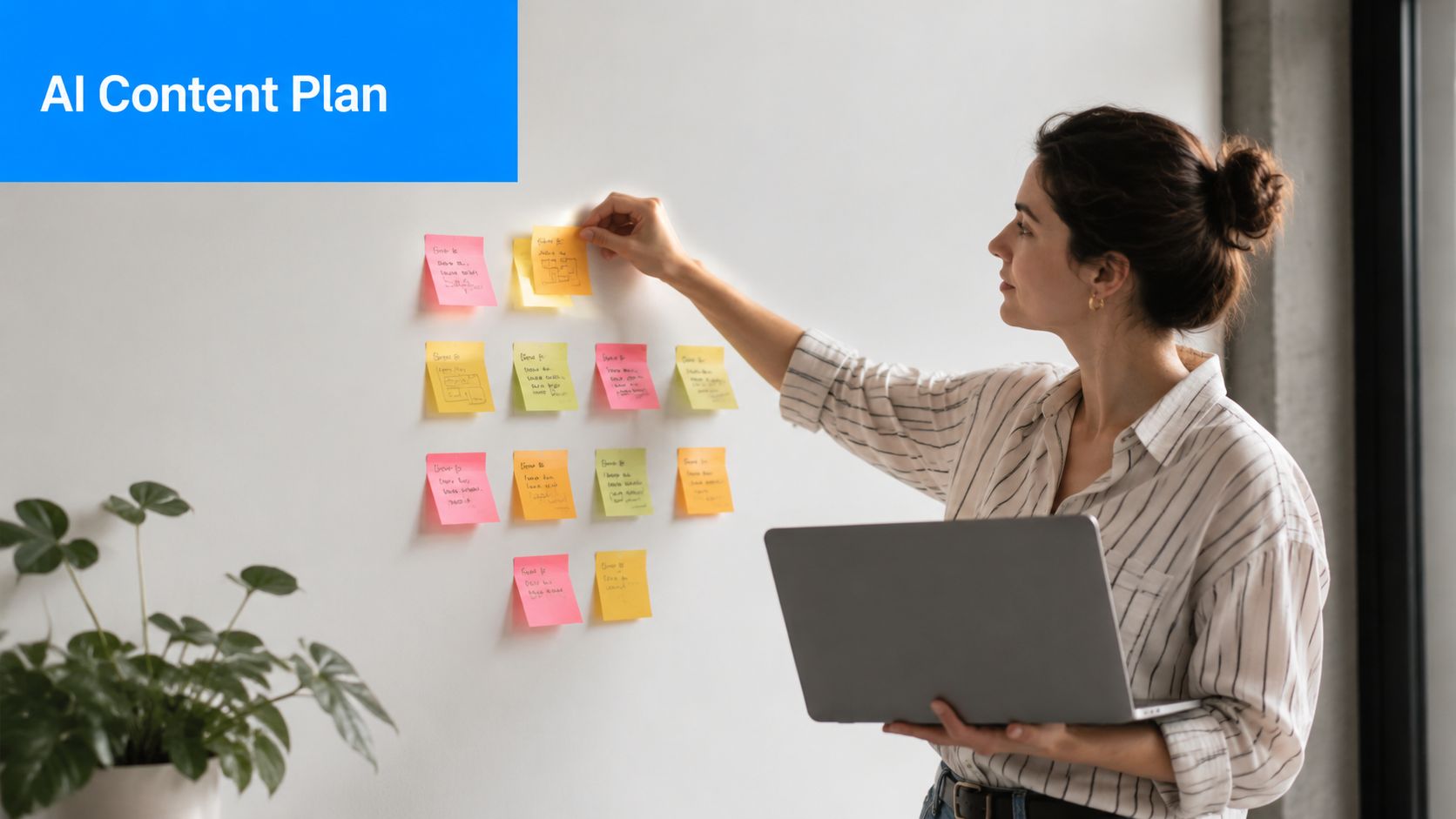 A woman planning AI content by placing colorful sticky notes on a wall while holding a laptop.