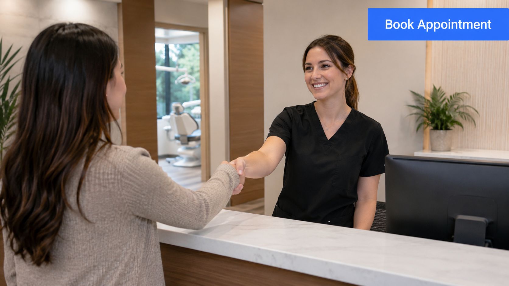A friendly receptionist shaking hands with a patient at a modern dental office front desk.