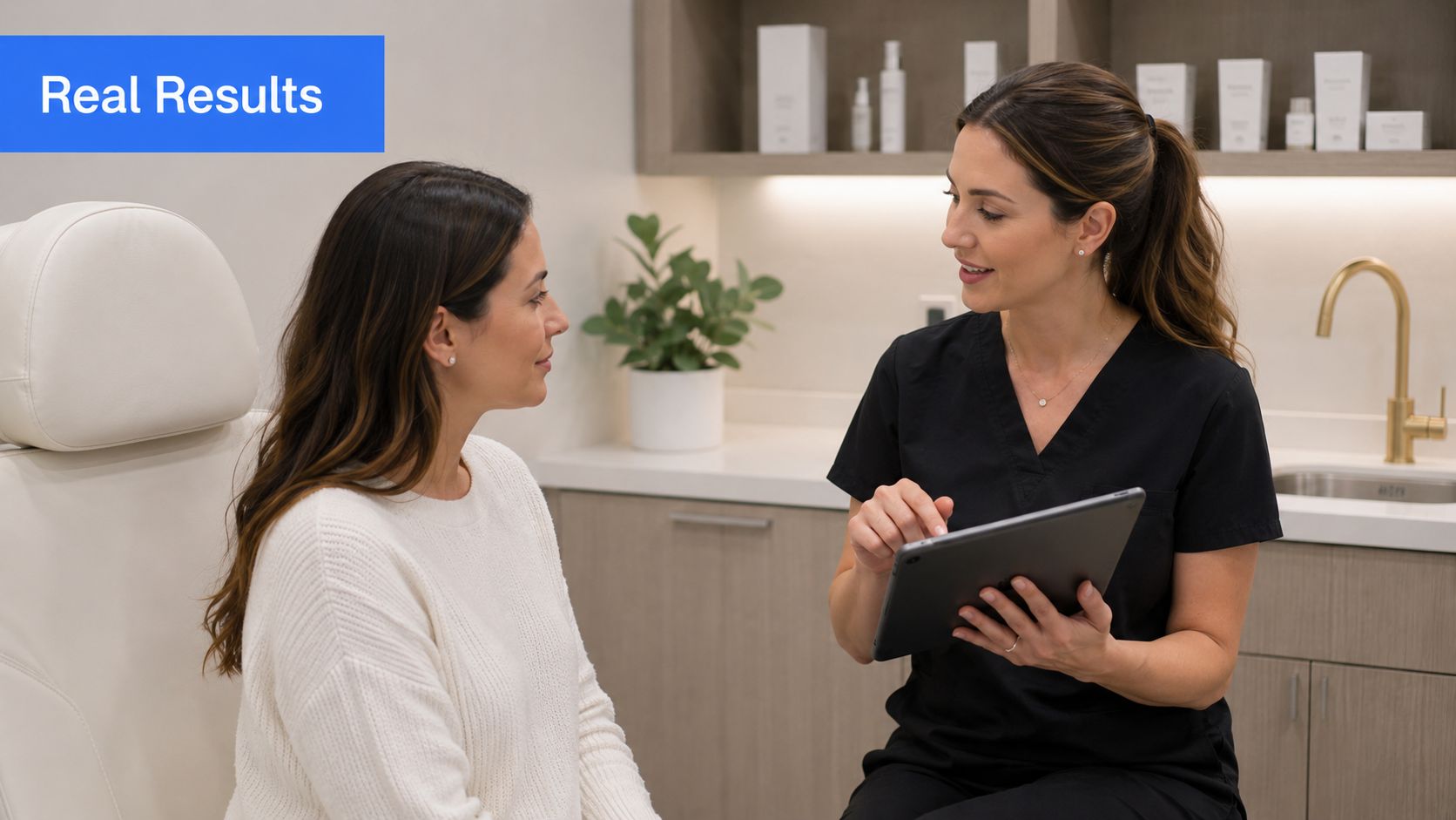 A professional medical aesthetic consultation between a female patient and a doctor in a clinic setting.