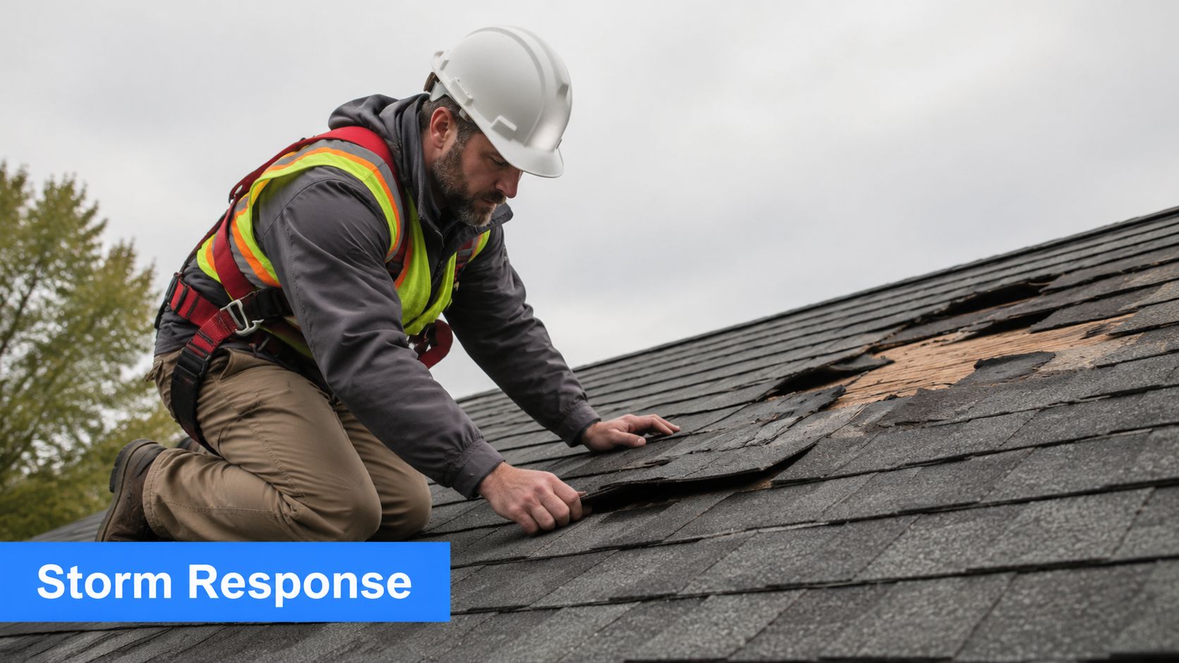 A professional construction worker inspecting damaged roof shingles during a storm response repair service on site.