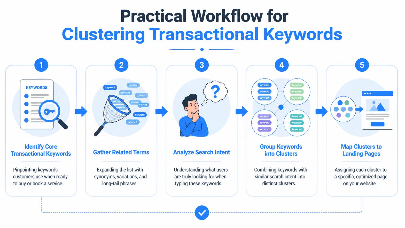 A five-step infographic showing the practical workflow for clustering transactional keywords for website SEO optimization.