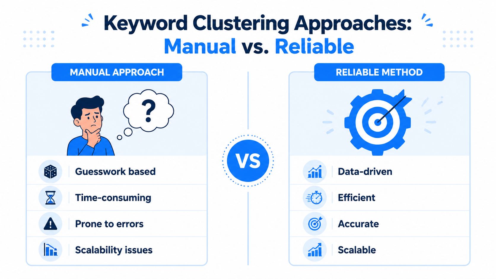 A comparison chart showing the differences between manual and reliable keyword clustering methods for SEO strategies.