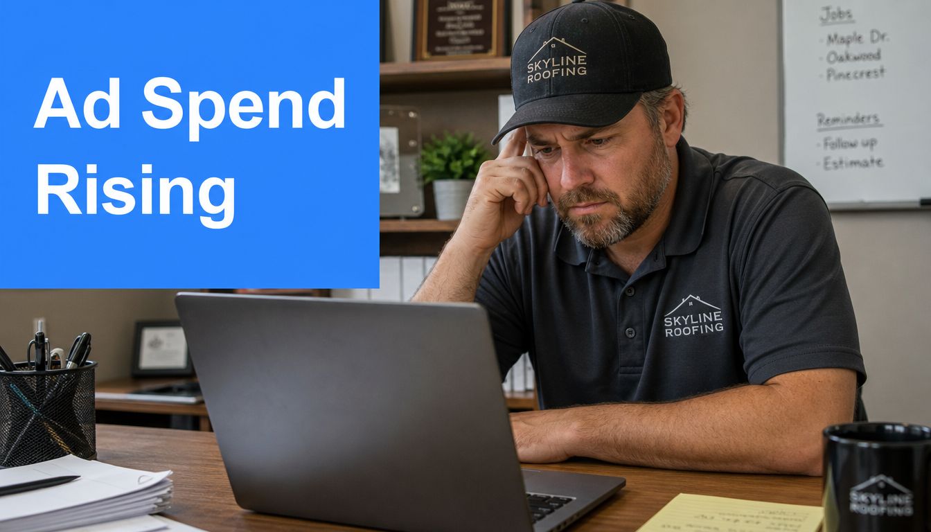 A concerned business owner wearing a Skyline Roofing uniform looks at his laptop in an office.