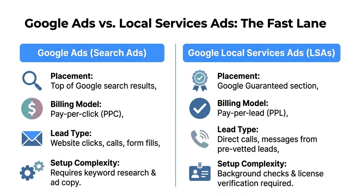 A comparison chart outlining the key differences between Google Search Ads and Google Local Services Ads.
