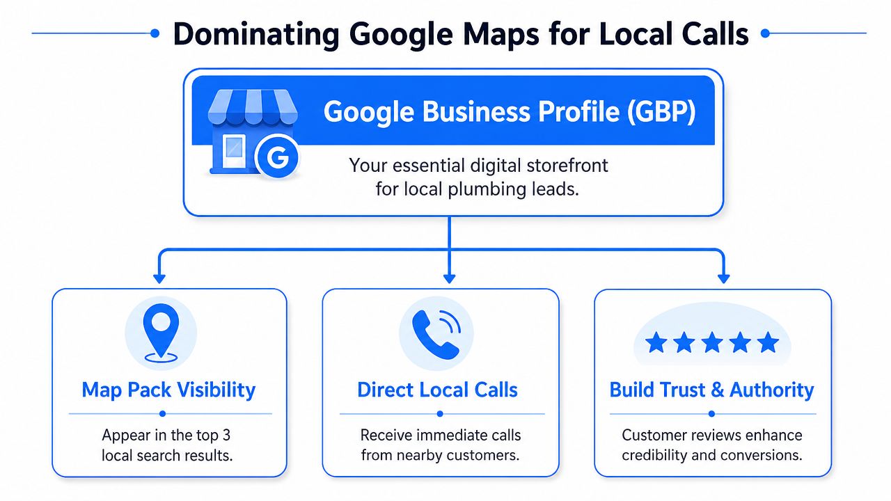 A diagram illustrating how Google Business Profile helps plumbing businesses improve map visibility and attract local calls.