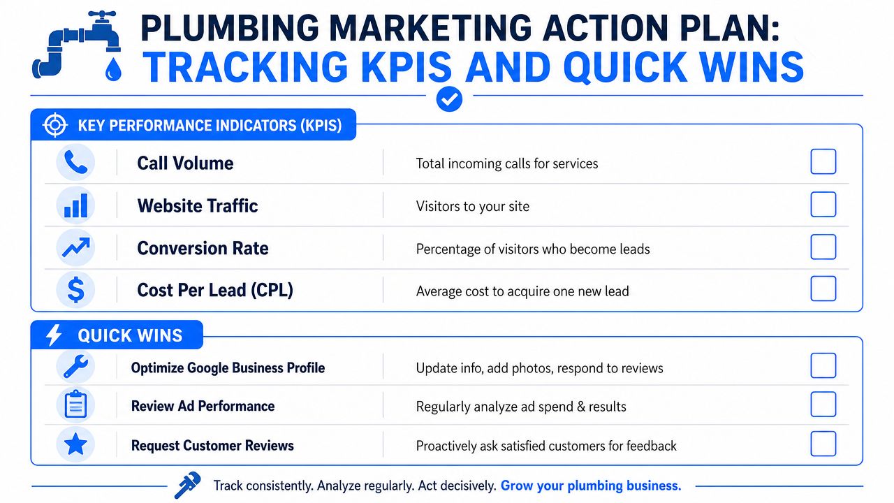 A plumbing marketing action plan infographic outlining key performance indicators and quick wins for business growth.