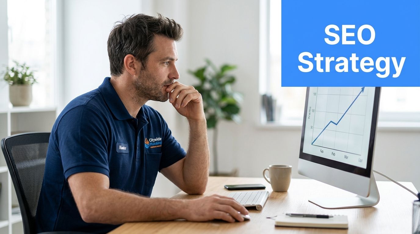 A professional plumber sits at a desk, analyzing digital growth charts on his computer monitor.