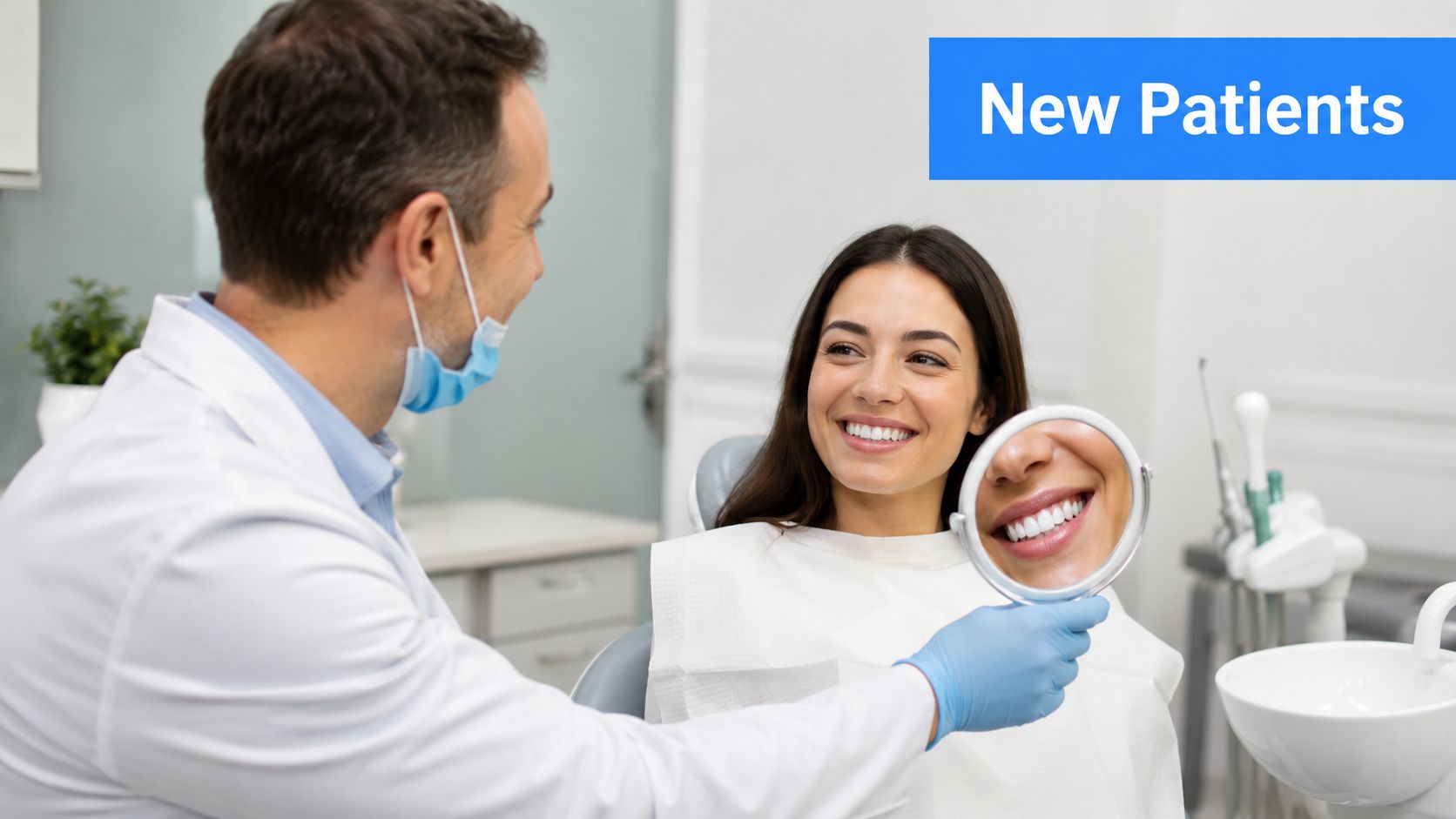 A dentist shows a smiling female patient her new dental work using a handheld mirror.
