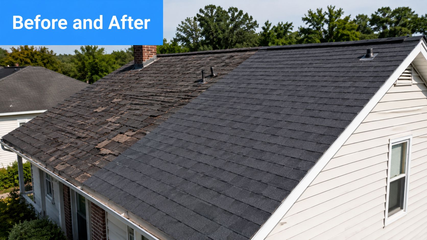 A house roof showing a dramatic before and after comparison of old weathered shingles versus new shingles.
