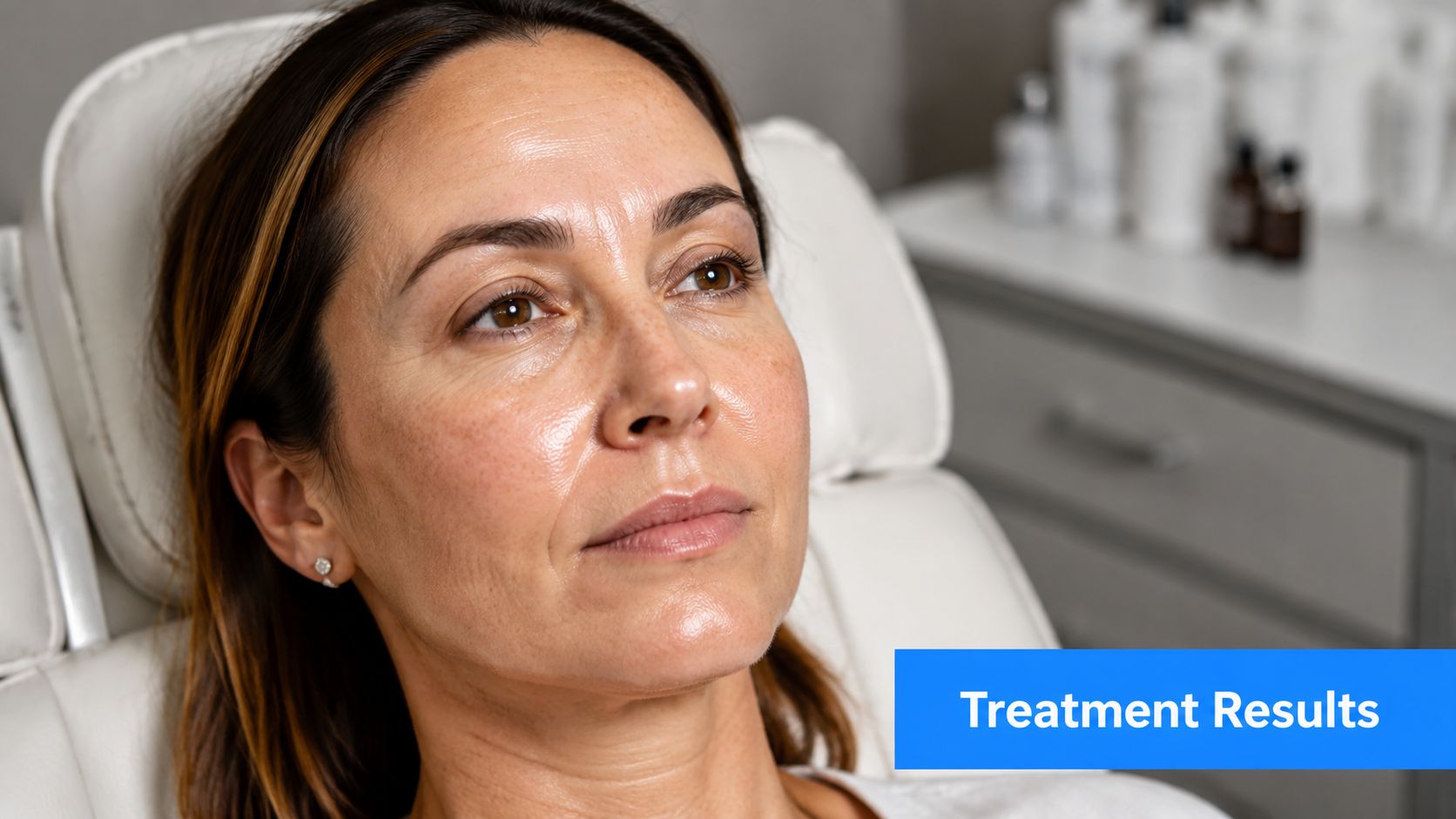 A middle-aged woman with clear, glowing skin posing after a professional dermatological or aesthetic beauty treatment.