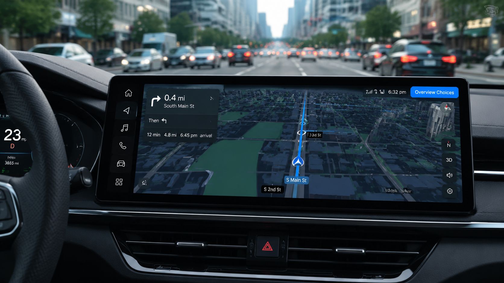 A modern car dashboard featuring a digital infotainment system displaying a GPS navigation map interface.