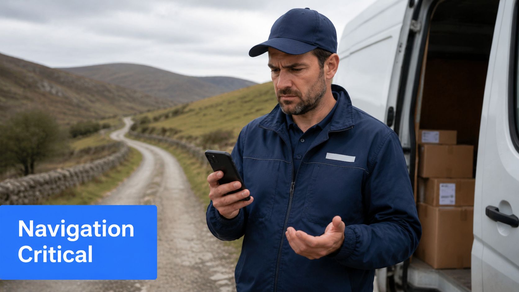 A delivery driver looking confused at his smartphone while standing next to his van on a country road.