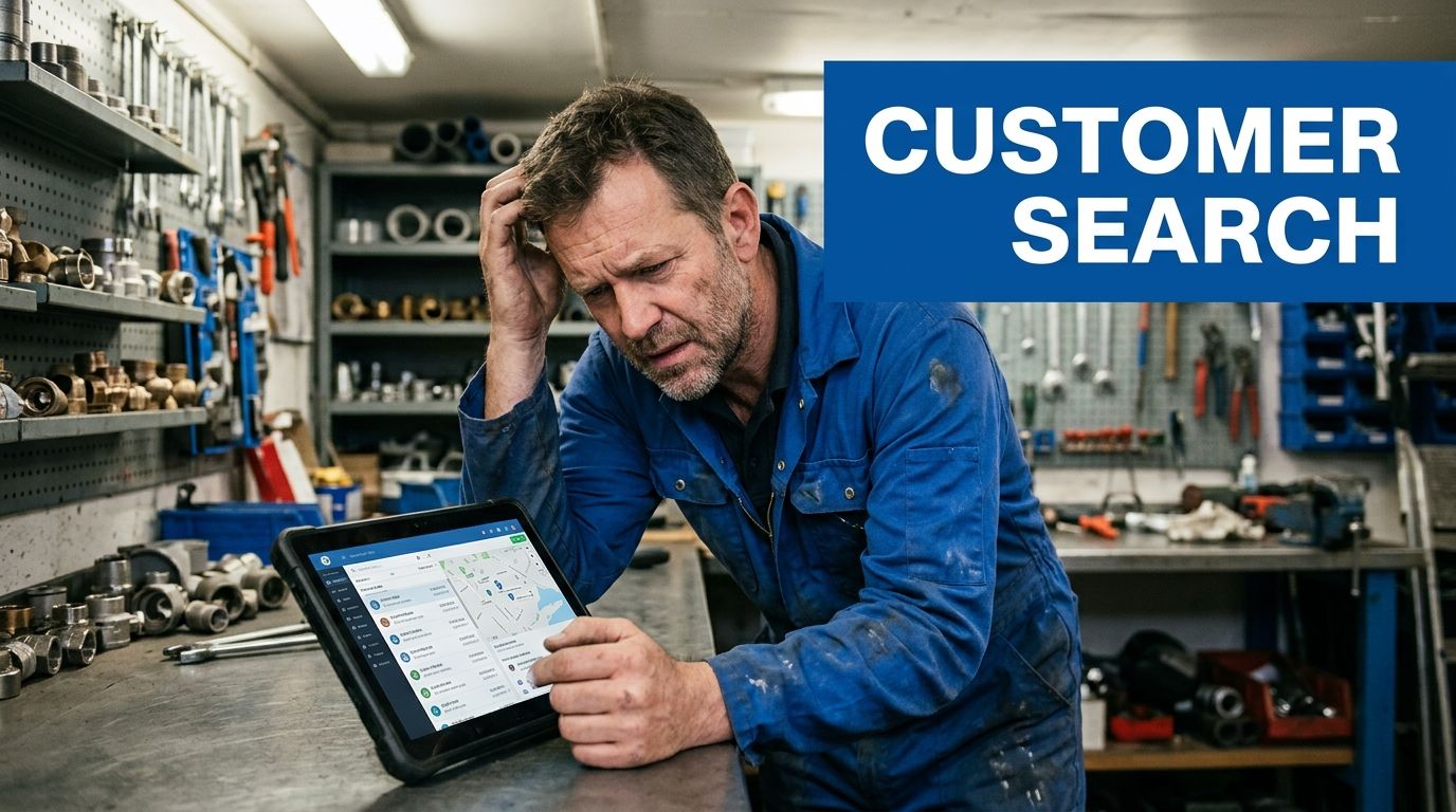 A frustrated mechanic in a workshop looking at customer data on a digital tablet screen.