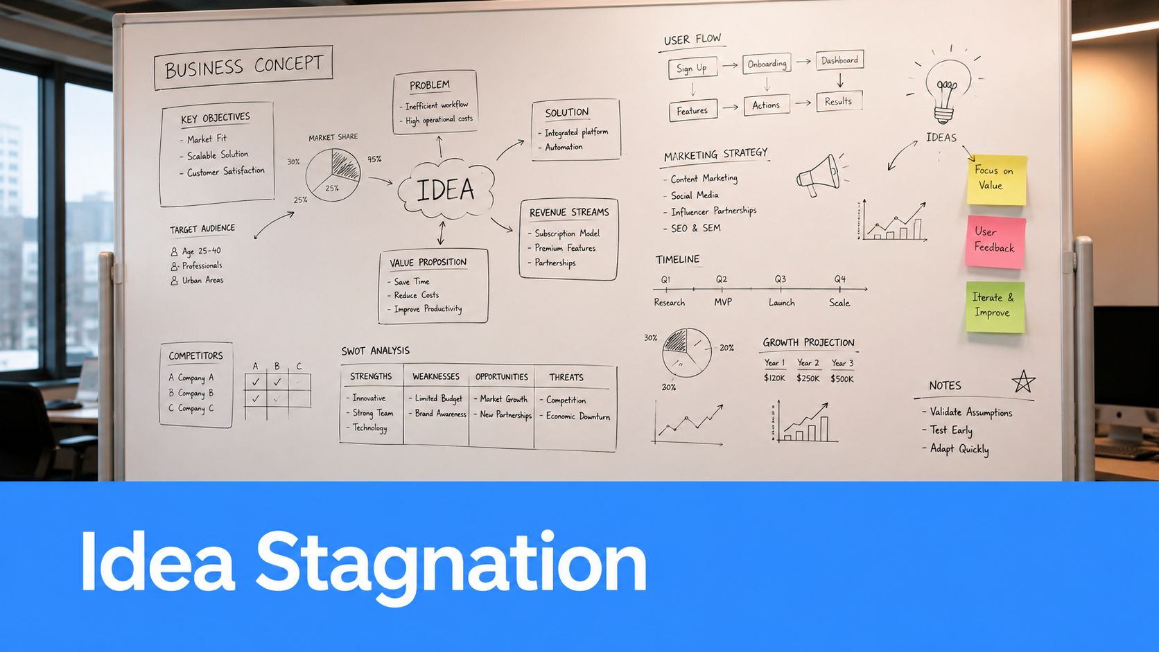 A whiteboard covered in business planning diagrams, including flowcharts, SWOT analysis, and financial projections for a new startup.