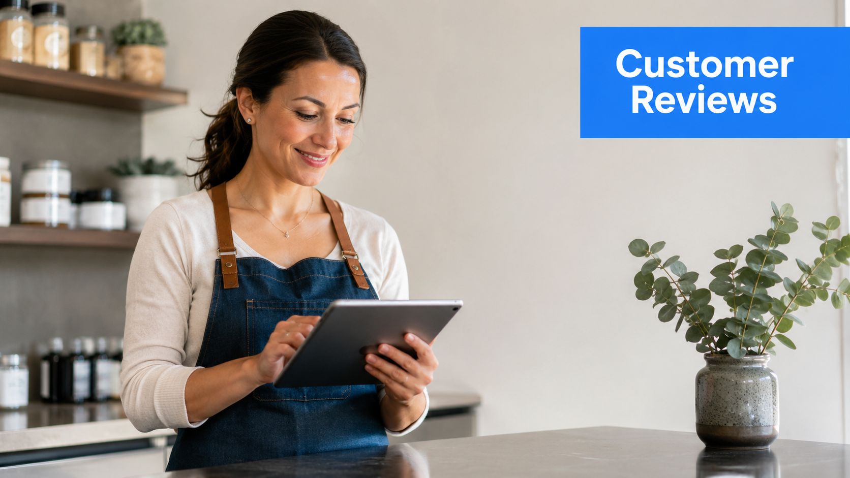 A professional woman in a shop apron using a tablet to manage customer reviews for her business.